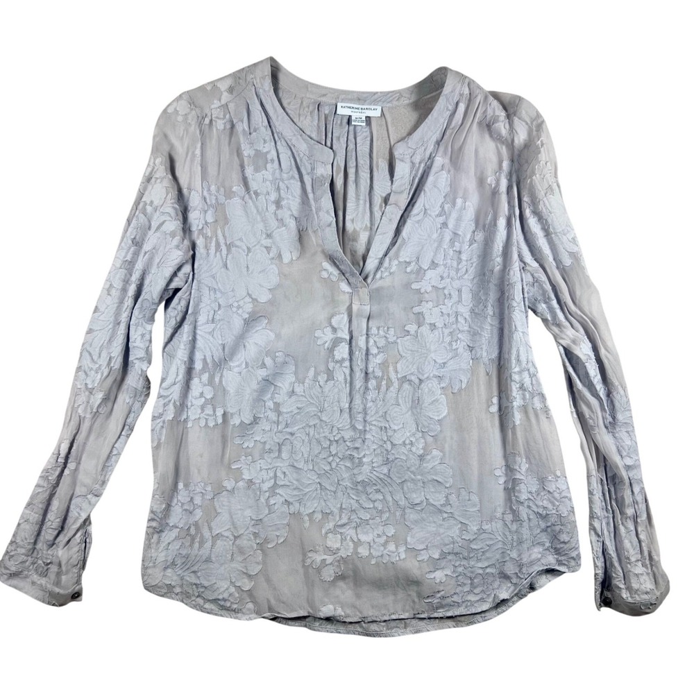 BOHO Floral SHEER Blouse Top Gray M Long Sleeve Silk blend Lightweight‎ Cottage